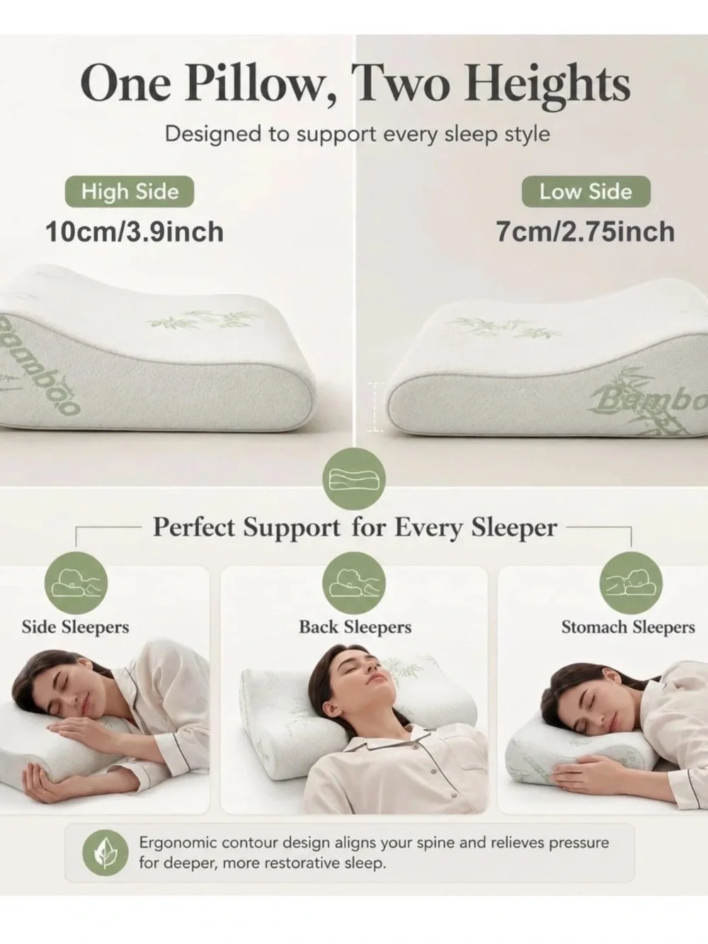 BAMBOO White Memory Foam Contour Pillow with Light Green Bamboo Print